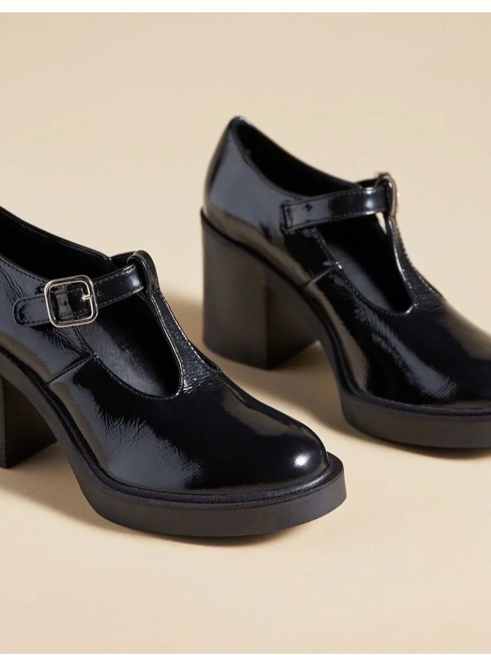 Maeve Black Patent T-Strap Mary Janes with Silver Buckles